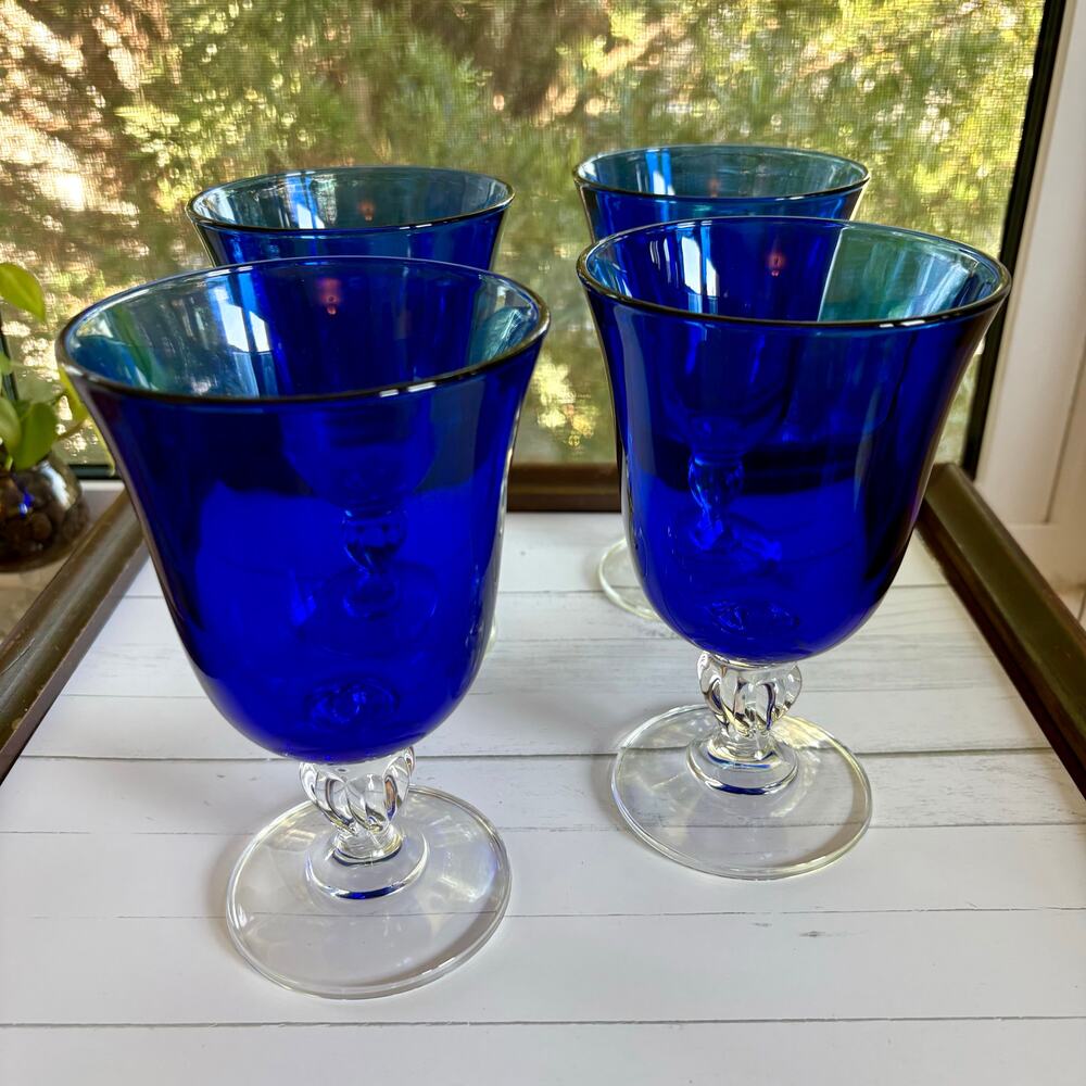 Vintage Cristal D’Arques Cobalt Blue Goblets Set of 4 Wine Glasses